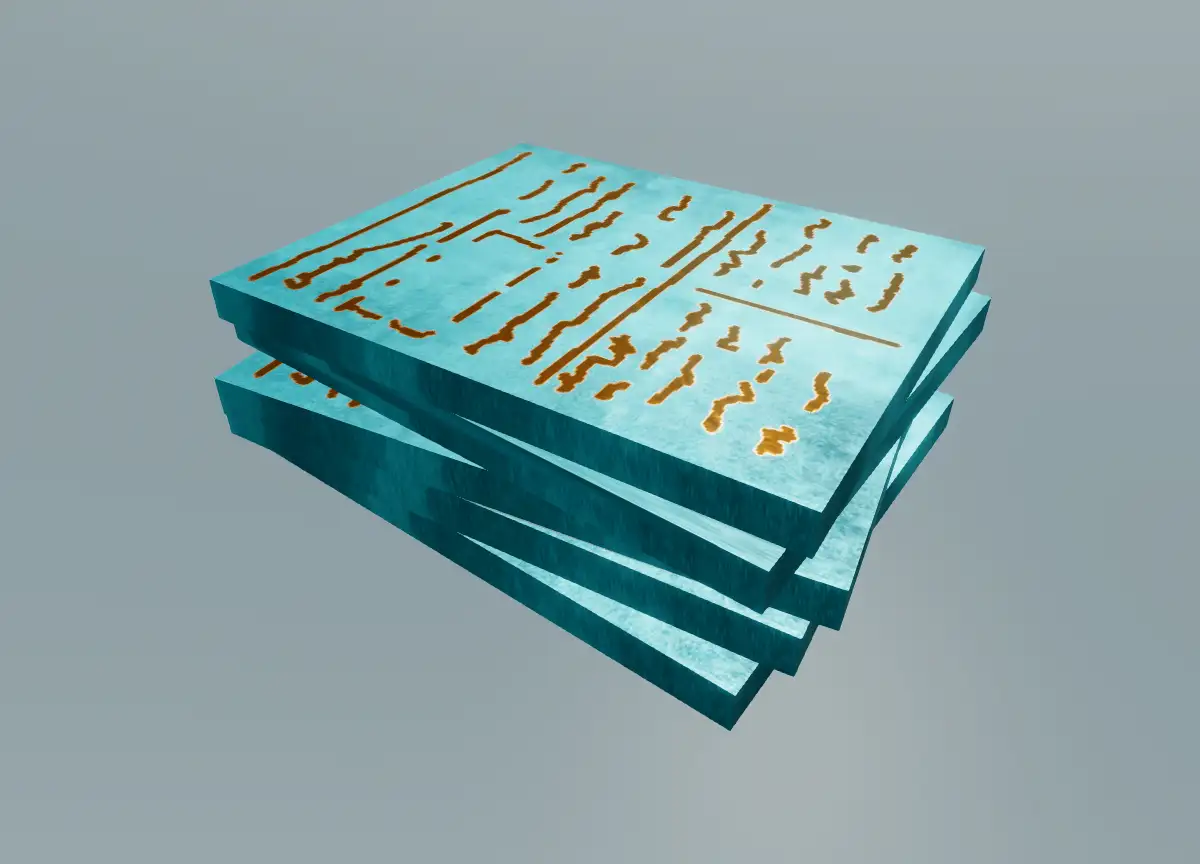 Studio object — Erredpath® Tidings 1 - Stack of teal files with brass text.
