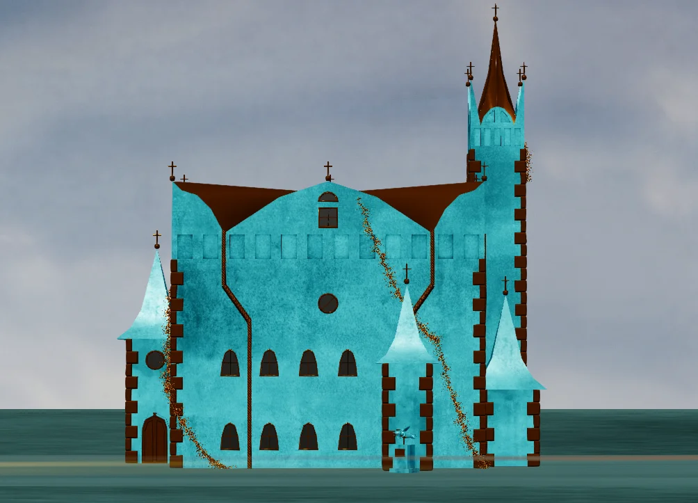 Erredpath® Tidings 1 - Teal church-fortress with steep brown roofs and crosses on its spires standing on dark teal ground under a cloudy sky.