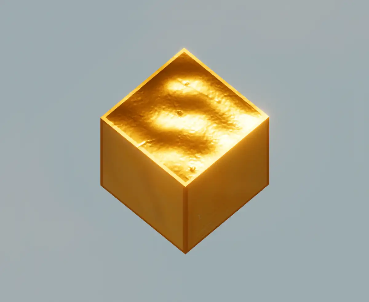 Studio object — Erredpath® Tidings 1 - Gold cube with a crinkled-metal top face in three-quarter view against a plain grey background.