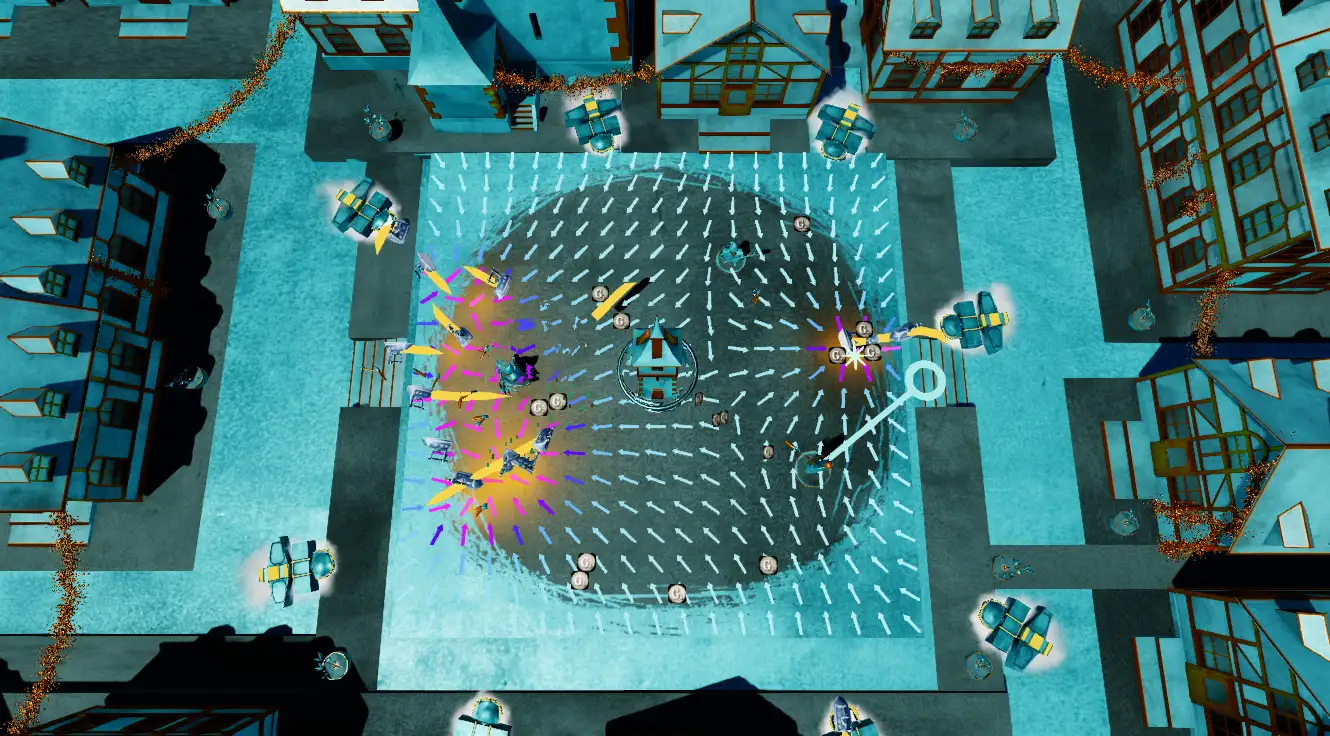 A top-down town square whose dense swirling field of cyan arrows flows around a central building, with magenta arrows and small birdlike creatures trailing yellow light