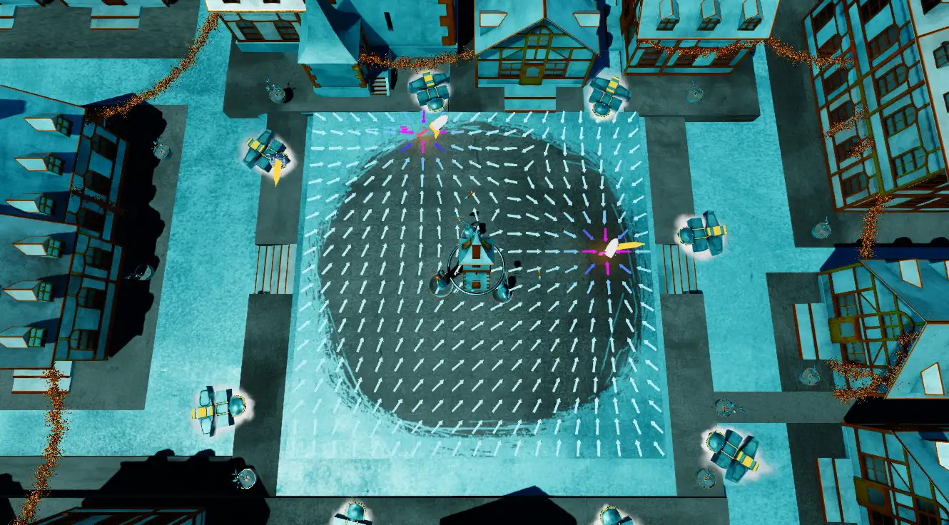 A top-down town square with a sparse field of pale blue arrows spiraling around a central building and two small birdlike creatures trailing yellow light
