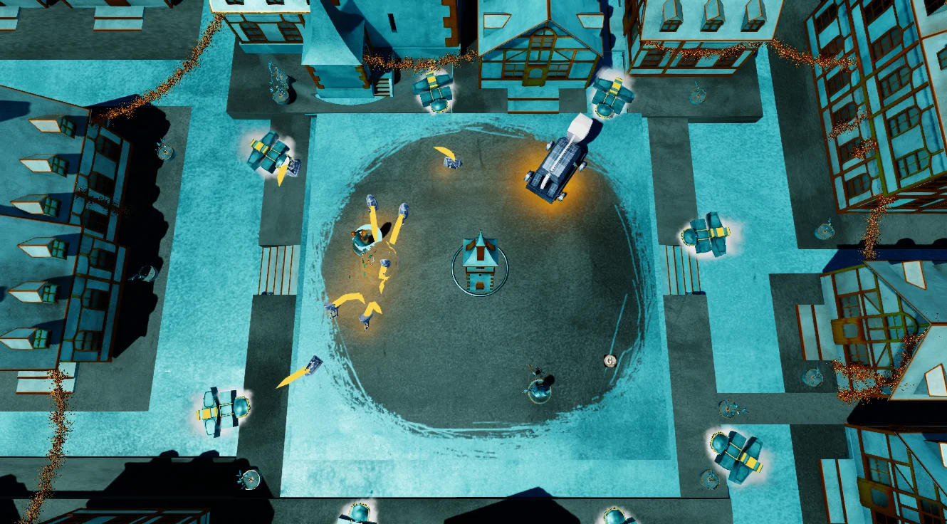Snow White level, A top-down town square with a swirling circle of pale blue ground, a few birdlike creatures trailing yellow light, a bus, satellite dishes, and surrounding houses