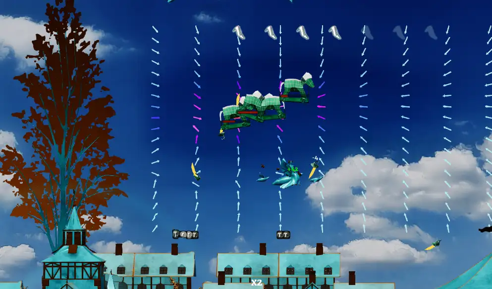 Cinderella level, A side view of the sky above a town with vertical dashed columns of pale blue arrows falling, a large green segmented creature aloft, and small flying creatures trailing yellow light