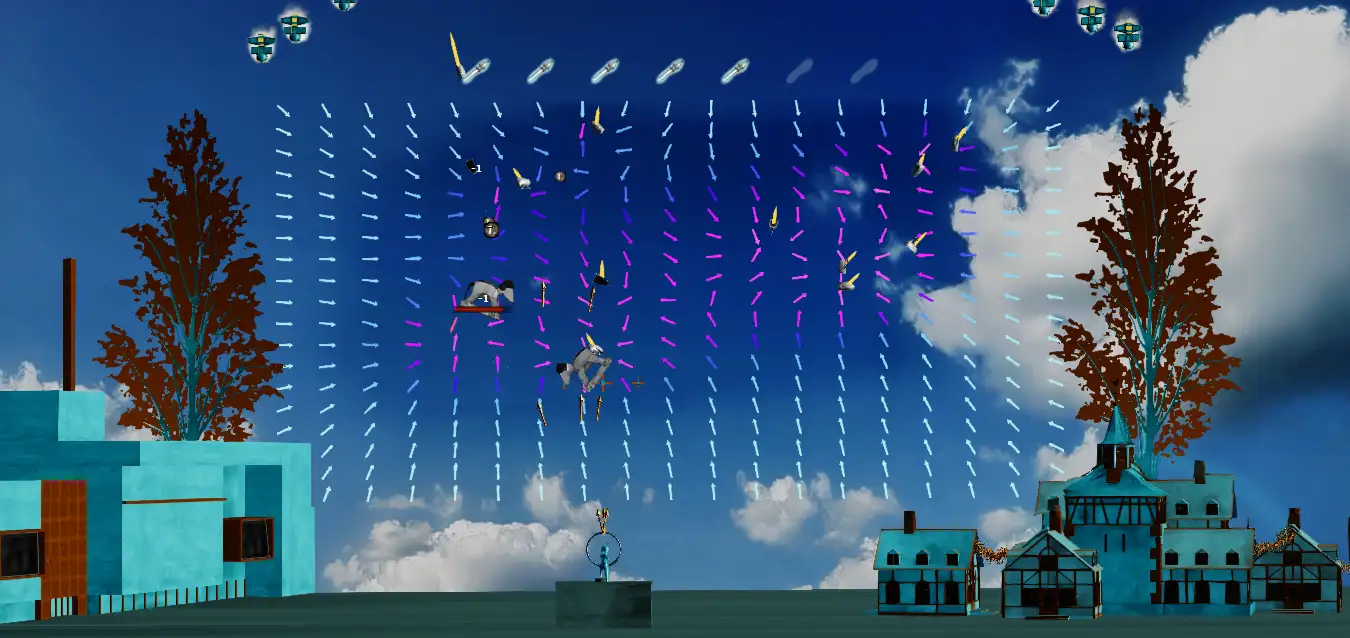 Uncle Tailor level, A side view of the sky above a town with dashed columns of pale blue and magenta arrows falling, birdlike creatures descending, and a small figure standing on a stone platform in the foreground