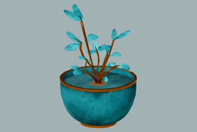 Erredpath® Tidings 1 - Low-poly plant with turquoise leaves and copper stems in a teal glazed pot with a copper rim
